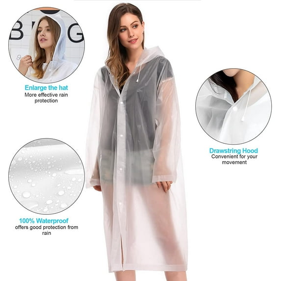 EVA Rain Poncho for Adults, 2 Pack Reusable Raincoat with Hoods and Sleeves, White