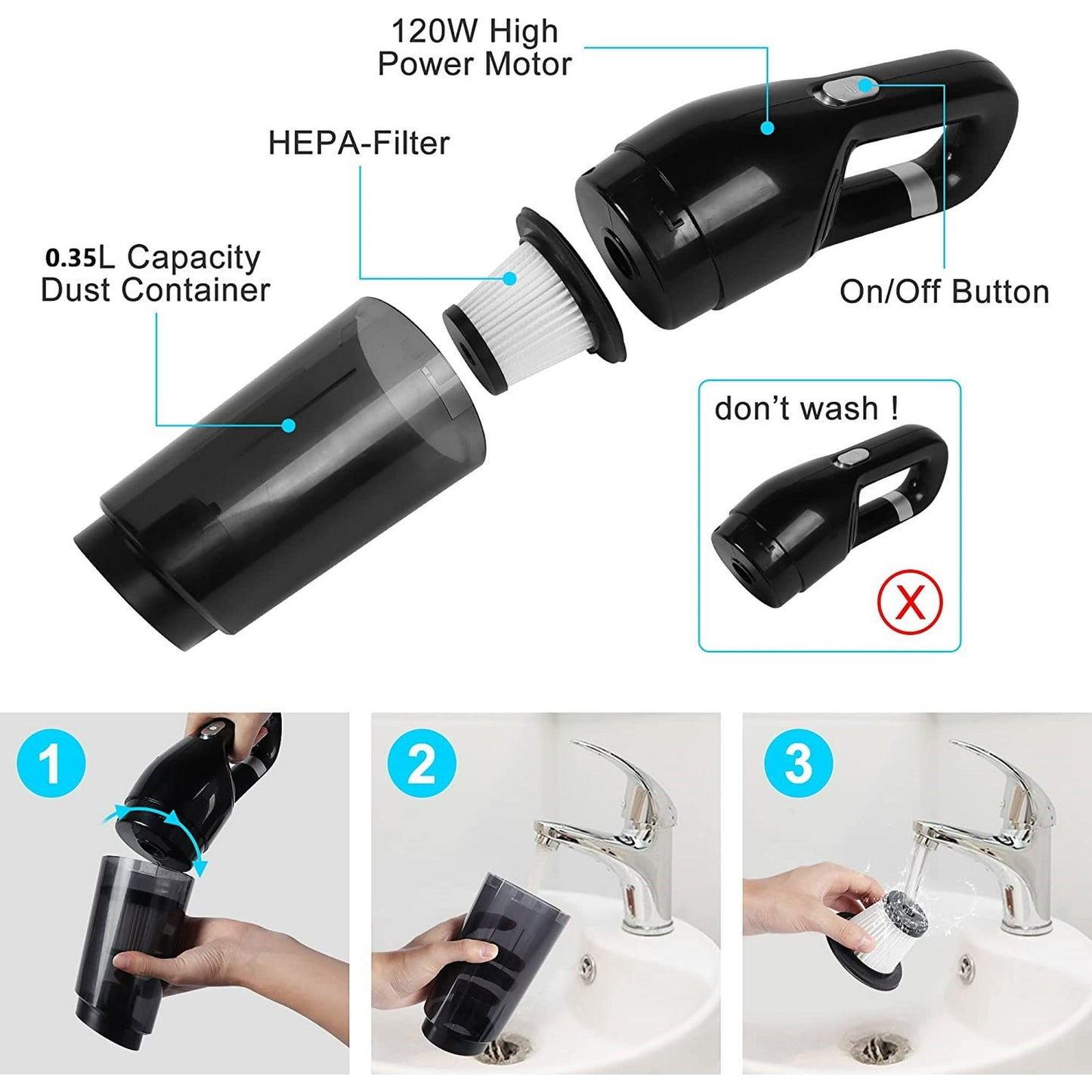 Portable Car Vacuum Cleaner, 120W Car Vacuum Cleaners Cordless, Handheld Vacuum for Quick Cleaning, Hand Held Vacuuming Cordless Rechargeable for Car Home and Office, Black