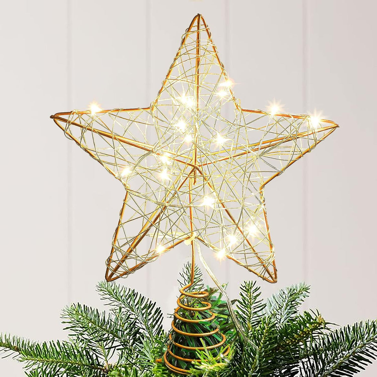 Cowin Christmas Star Tree Topper, Lighted Christmas Tree Topper, Hollow Gold Lighted Tree Star, LED Light up Xmas Tree Topper with 30 LE