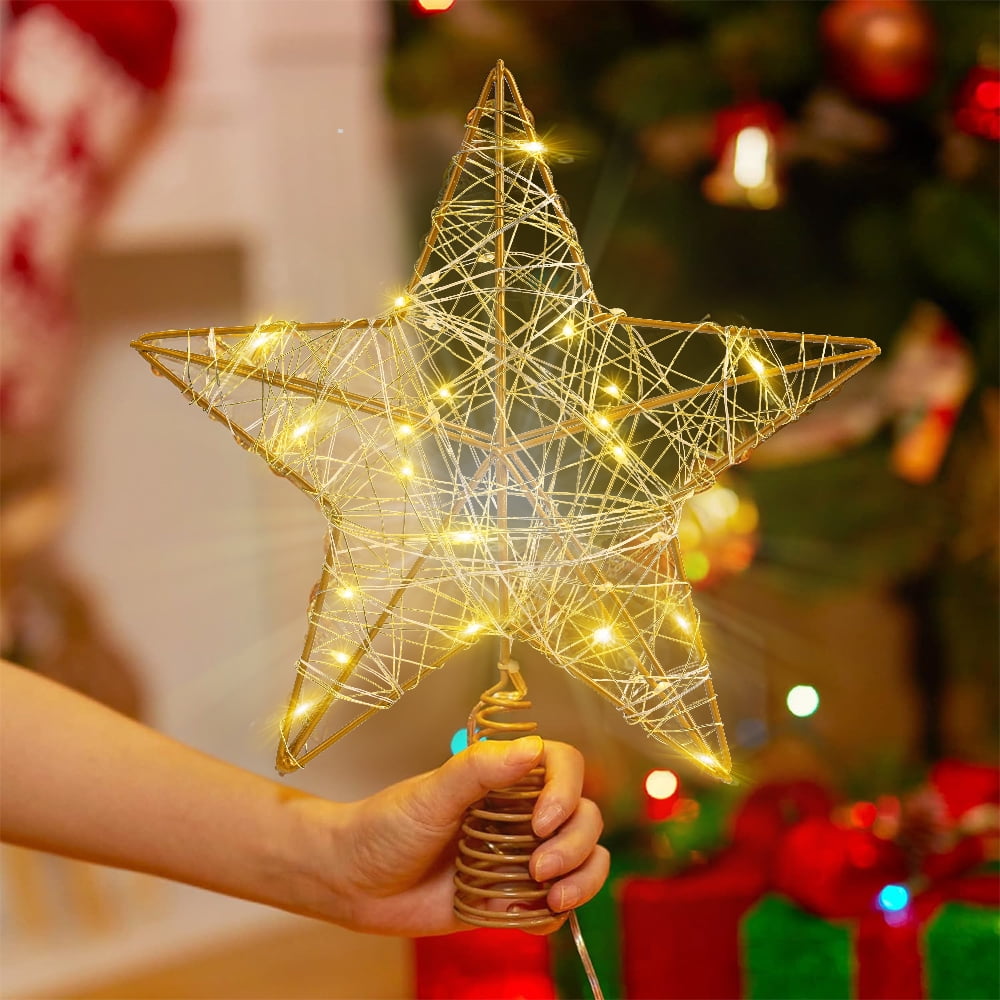 Cowin Christmas Star Tree Topper, Lighted Christmas Tree Topper, Hollow Gold Lighted Tree Star, LED Light up Xmas Tree Topper with 30 LE