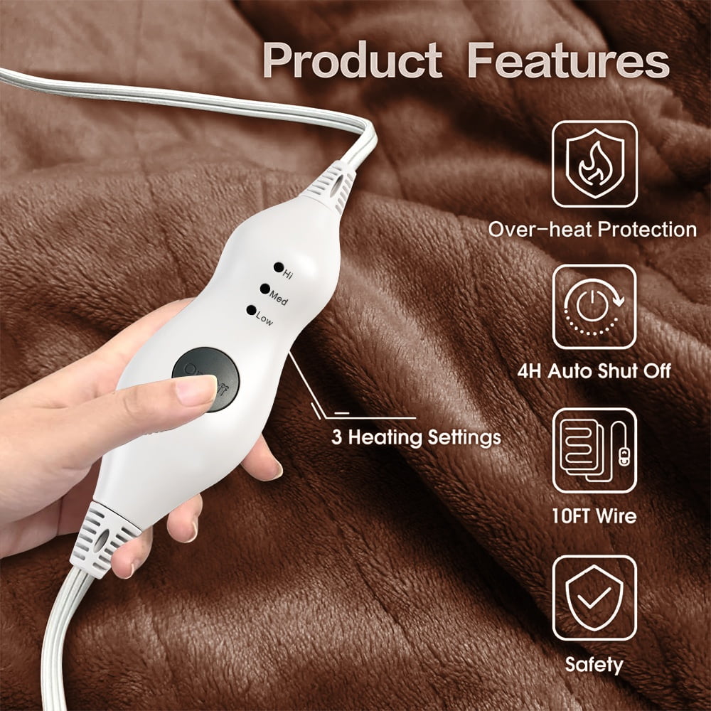 Uncahome Electric Heated Throw Blanket 50''x60'' with 3 Heating Levels, Automatically Shut Down after 4h with Overheat Protection Machine Washable(Brown)