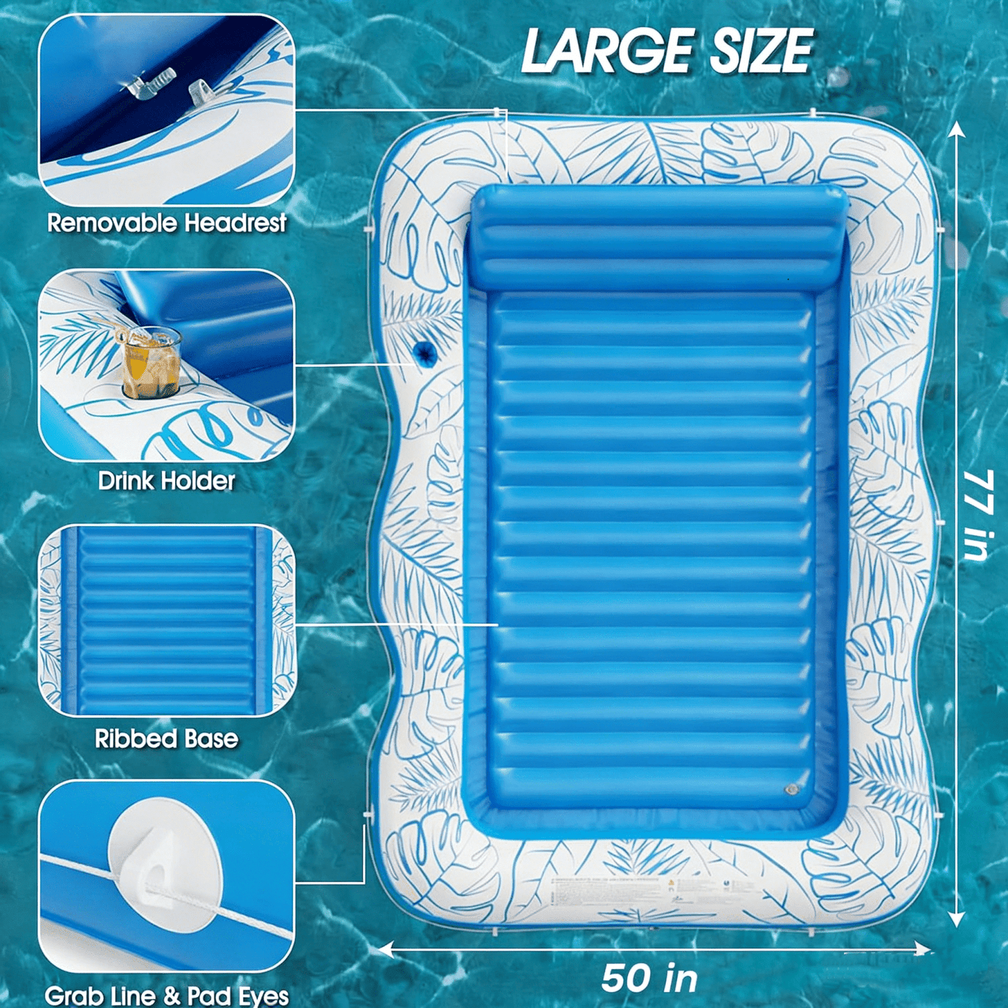 COWIN 77"x 50" Inflatable Tanning Pool Lounger Float, Summer Maple Leaf Water Inflatable Floating Bed with Backrest, Leisure Floating Raft, Water Lounge Floaties Tub with Drink Holder, Blue