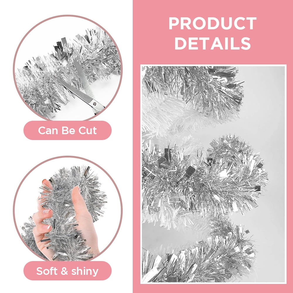 50FT Silver Christmas Tinsel Twist Garland - 2.5" Wide, Shiny Metallic Decor for Indoor & Outdoor Use, Ideal for Xmas Trees, Stairs, Fireplaces & Party Decorations