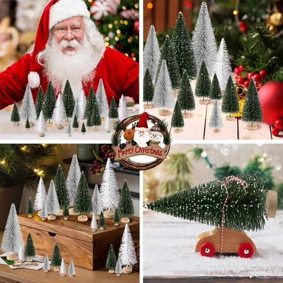 Cowin 30Pcs Mini Christmas Trees Decor, Artificial Christmas Tree 5 Sizes with Wooden Base for Christmas Decor Christmas Party Home Table Craft Decorations (Green+silver+white)