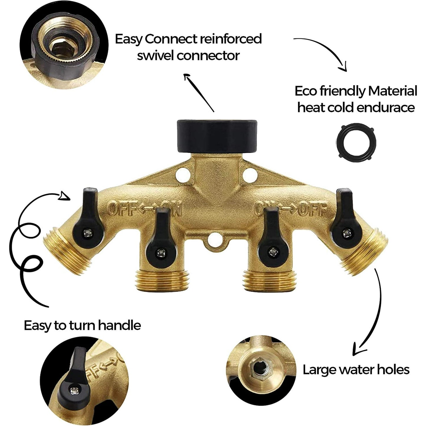 4 Way Brass Hose Splitter Aedavey Solid Brass Hose Connector 3/4" Hose Spigot Adapter Garden Hose Faucet Manifold with 4 Valves