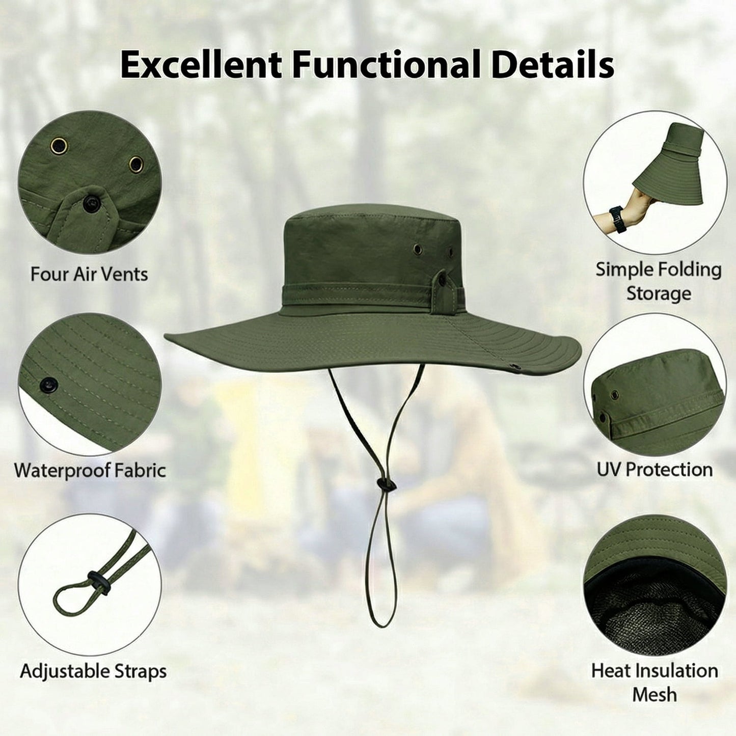 Cowin Sun Hat for Men Sun Protection Wide Brim Bucket Hat Waterproof Breathable Packable Boonie Hat for Fishing Green