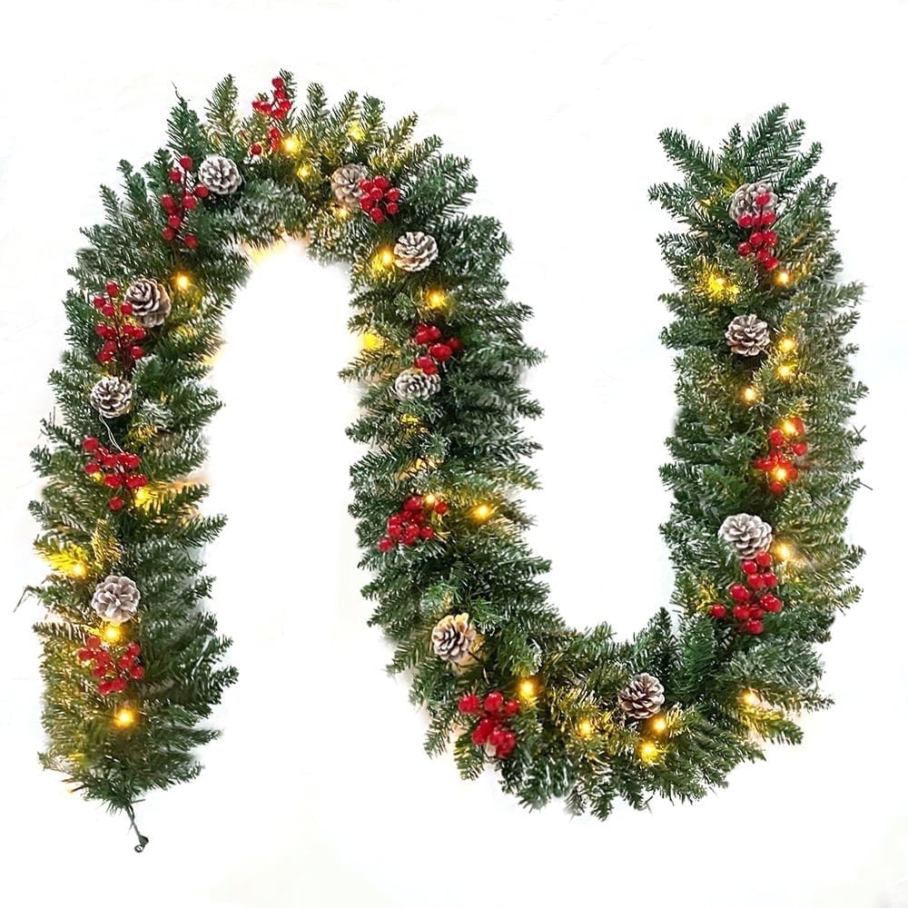 Cowin 9ft Pre-Lit Christmas Garland with 50 Waterproof LED Light and Pine Cones and Berries, 220 Branches Battery Operated Christmas Garland Decoration for Xmas Holiday Party