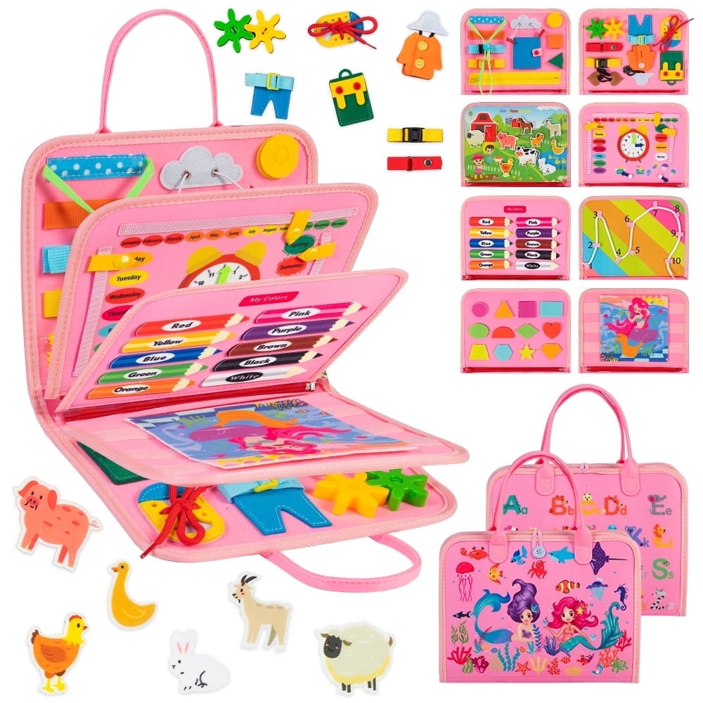 Cowin Busy Board Montessori Toys for Toddler Girls Birthday Gifts, Busy Book Learning Toy for toddlers 1-4, Educational Learning Toy for Airplane Car Travel, Pink