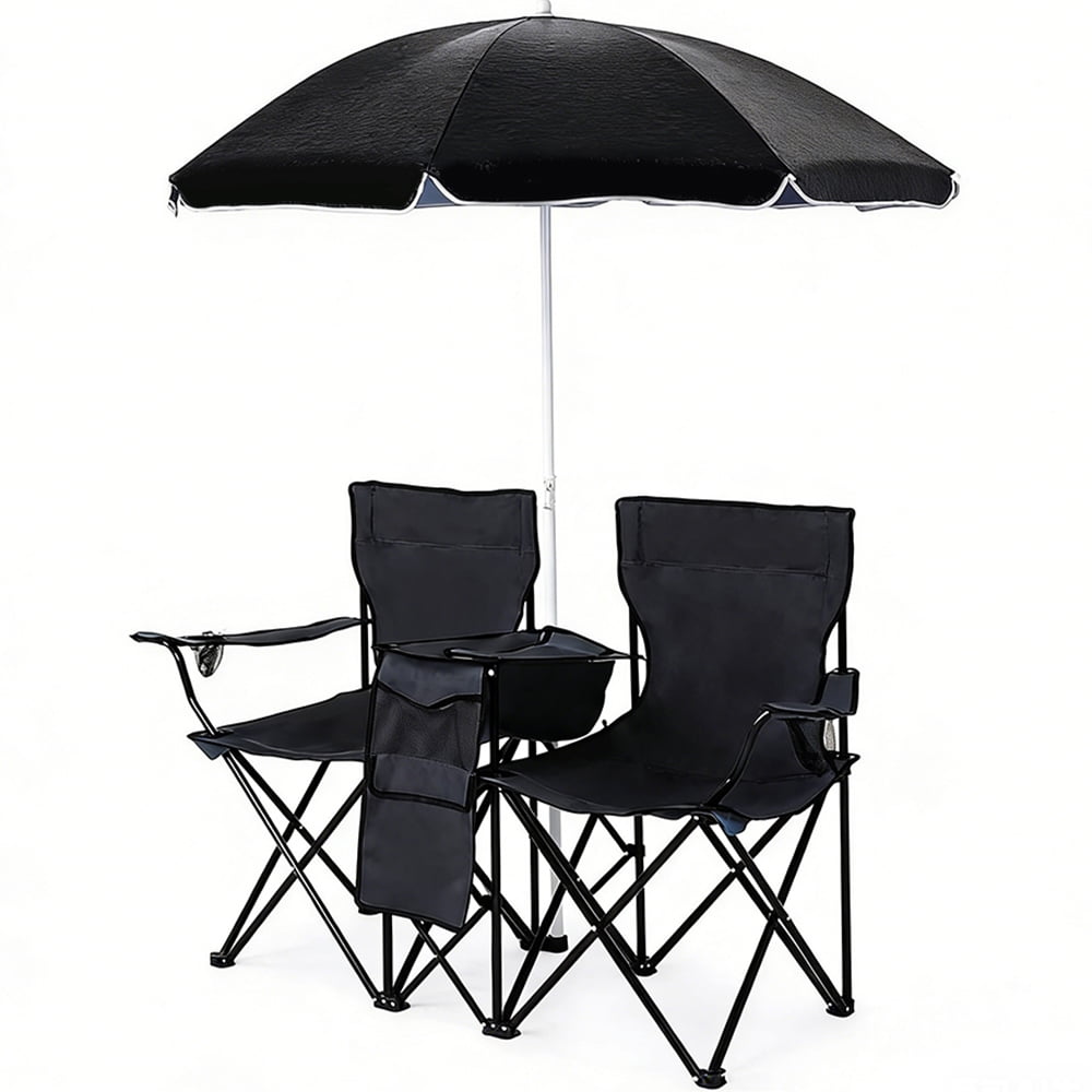 COWIN Outdoor Foldable Picnic Double Chair ,Camping Chairs with Umbrella Camping Double Portable Chairs Folding Beach Chair with Insulation Bag,Backpacking Black