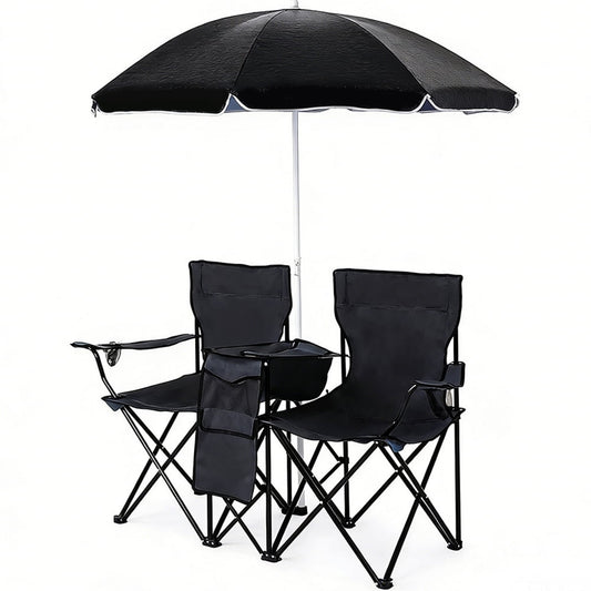 COWIN Outdoor Foldable Picnic Double Chair ,Camping Chairs with Umbrella Camping Double Portable Chairs Folding Beach Chair with Insulation Bag,Backpacking Black