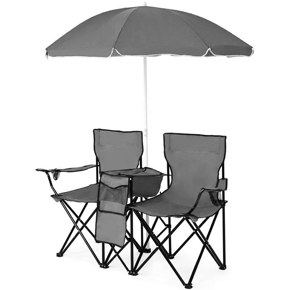 COWIN Outdoor Foldable Picnic Double Chair ,Camping Chairs with Umbrella Camping Double Portable Chairs Folding Beach Chair with Insulation Bag,Backpacking Gray