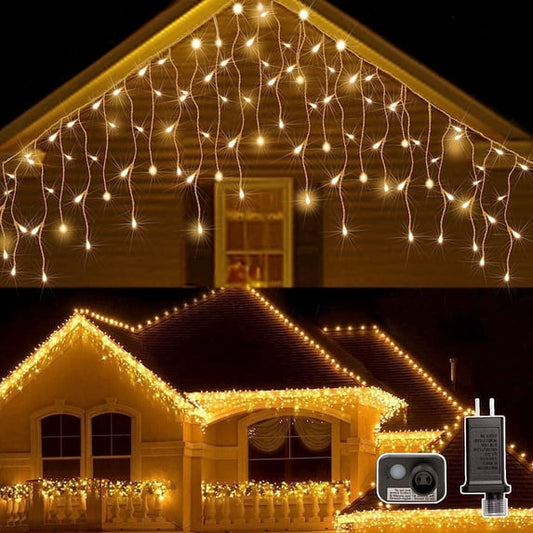 Cowin Icicle Christmas Lights Outdoor Decorations, 640 LED 66ft 8 Modes Curtain Fairy String Light with 120 Drops, Warm White