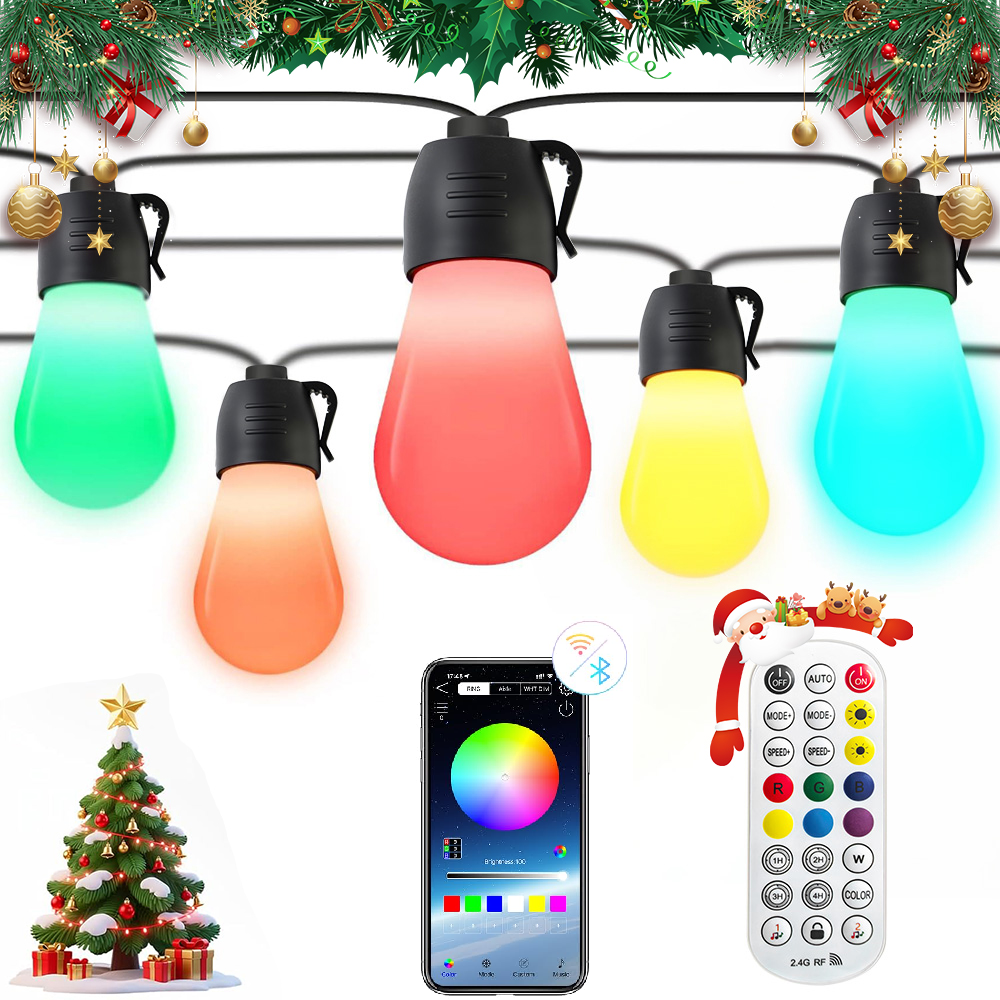 2 Pcs 48 Ft Christmas Smart Outdoor String Lights, RGB & Warm White Patio String Lights with 30 LED Bulbs, Works with APP Control, IP65 Waterproof for Decorations