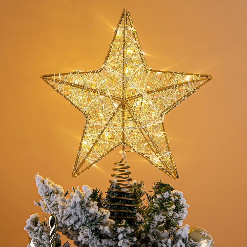 Cowin Christmas Star Tree Topper, Lighted Christmas Tree Topper, Hollow Gold Lighted Tree Star, LED Light up Xmas Tree Topper with 30 LE