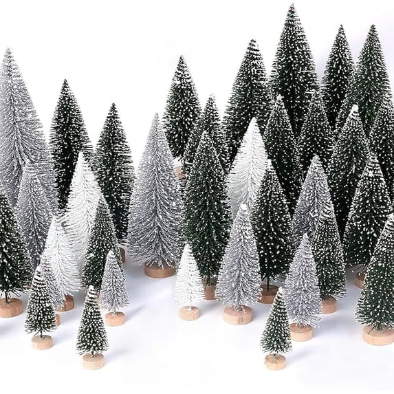 Cowin 30Pcs Mini Christmas Trees Decor, Artificial Christmas Tree 5 Sizes with Wooden Base for Christmas Decor Christmas Party Home Table Craft Decorations (Green+silver+white)