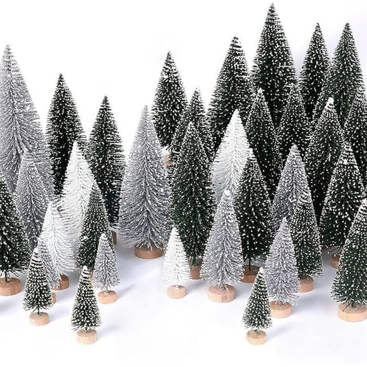 Cowin 30Pcs Mini Christmas Trees Decor, Artificial Christmas Tree 5 Sizes with Wooden Base for Christmas Decor Christmas Party Home Table Craft Decorations (Green+silver+white)