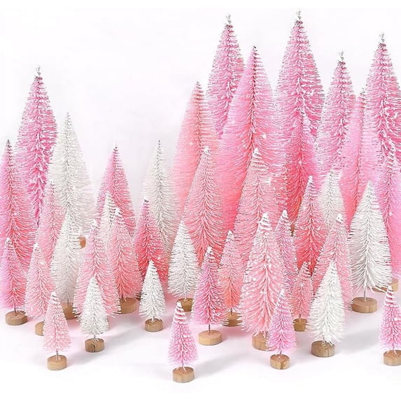Cowin 30Pcs Mini Christmas Trees Decor, Artificial Christmas Tree 5 Sizes with Wooden Base for Christmas Decor Christmas Party Home Table Craft Decorations (Pink+white)