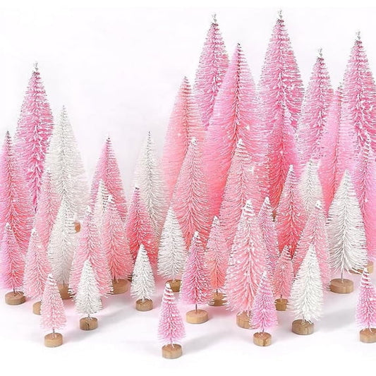 Cowin 30Pcs Mini Christmas Trees Decor, Artificial Christmas Tree 5 Sizes with Wooden Base for Christmas Decor Christmas Party Home Table Craft Decorations (Pink+white)