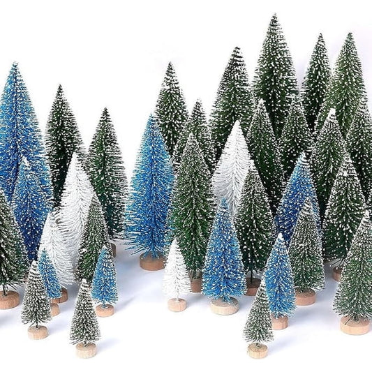 Cowin 30Pcs Mini Christmas Trees Decor, Artificial Christmas Tree 5 Sizes with Wooden Base for Christmas Decor Christmas Party Home Table Craft Decorations (Green+blue+white)