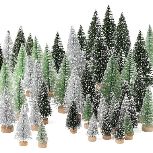 Cowin 30 Pcs Mini Christmas Trees Decor, Artificial Christmas Tree 5 Sizes with Wooden Base for Christmas Decor Christmas Party Home Table Craft Decorations (Silver+Green)