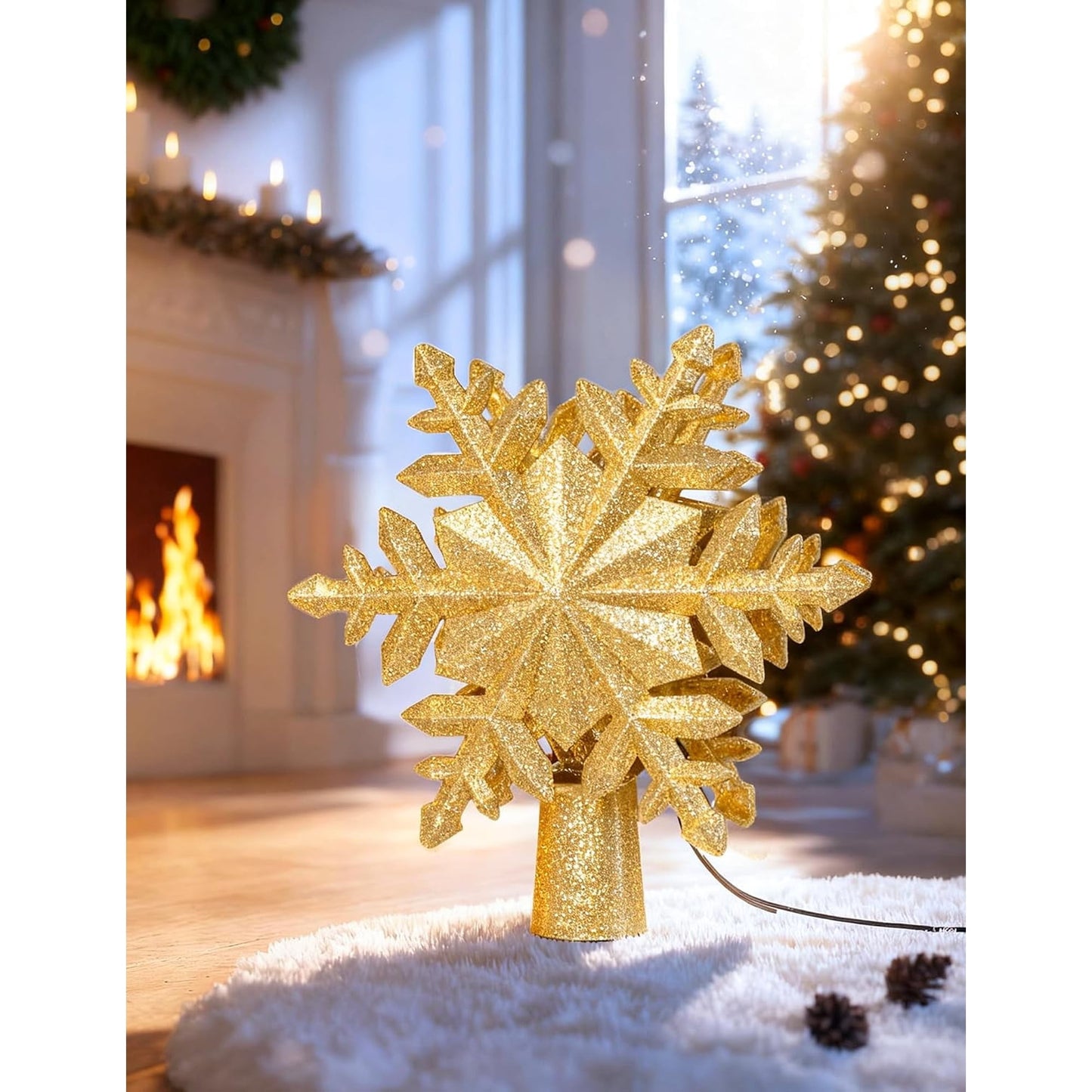Christmas Tree Topper Lighted with Snowflake Projector, LED Rotating 3D Glitter Tree Topper for Christmas Tree, Christmas Decorations Lights