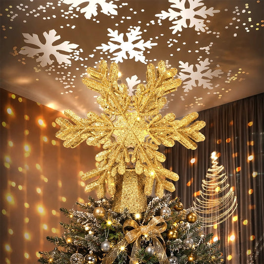Cowin Christmas Tree Topper Lighted with Snowflake Projector, LED Rotating 3D Glitter Tree Topper for Christmas Tree, Christmas Decorations Lights