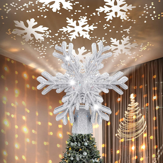 Cowin Christmas Tree Topper, 9.6” Snowflake Tree Toppers Lighted Indoor with Rotating 3D Silver Snowflake LED Projector Hollow Glitter Lighted for Tree Christmas Decorations Holiday Ornaments