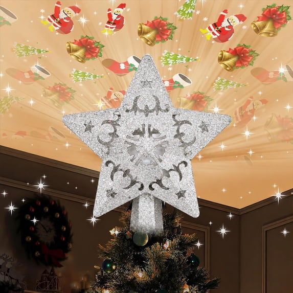 Cowin Christmas Tree Star Topper, Built-in Led Santa Claus Projector Pentagram Plug in Christmas Tree Ornament for Indoor Christmas New Year Holiday Tree Decor(Silver)