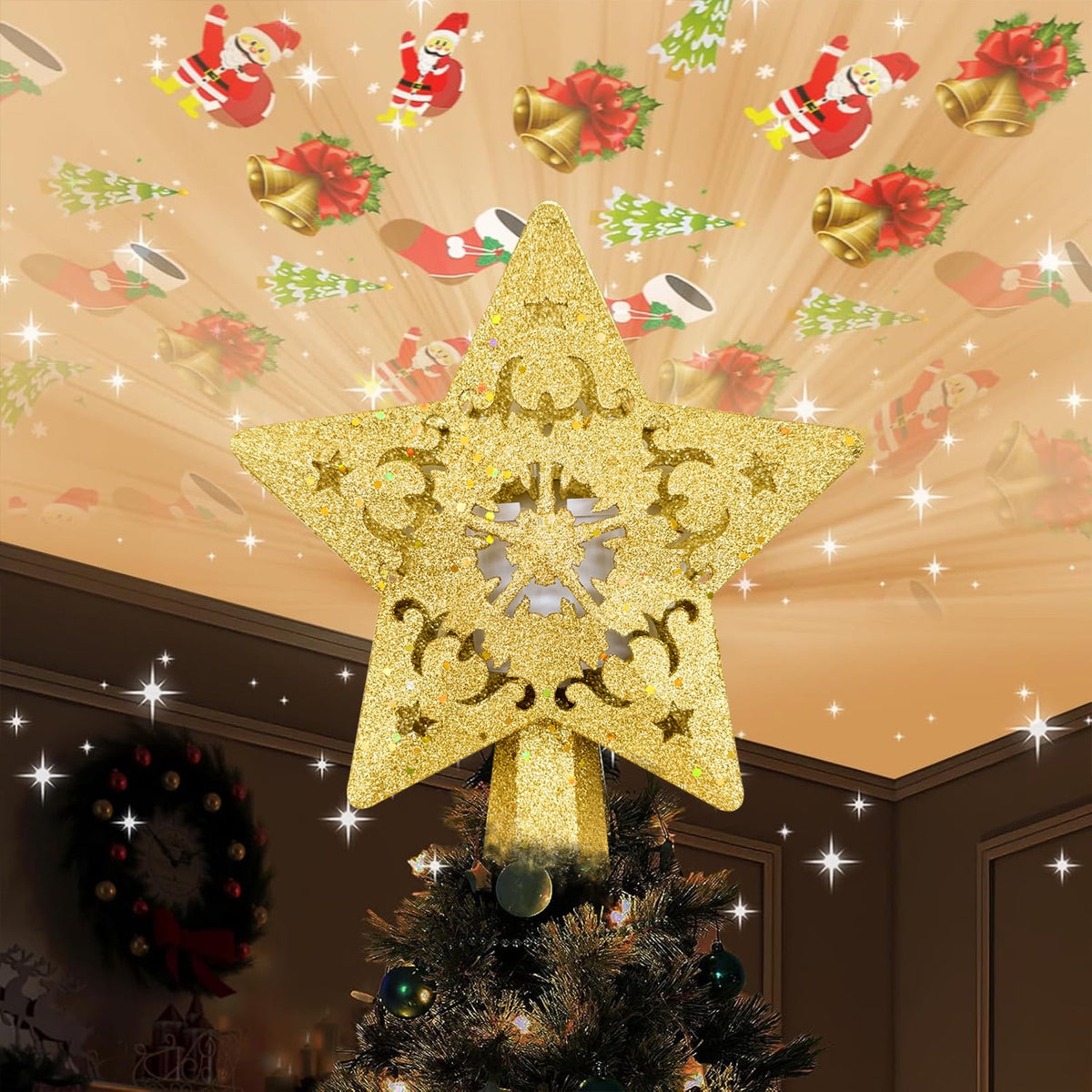 Cowin Christmas Tree Star Topper, Built-in Led Santa Claus Projector Pentagram Plug in Christmas Tree Ornament for Indoor Christmas New Year Holiday Tree Decor (Golden)