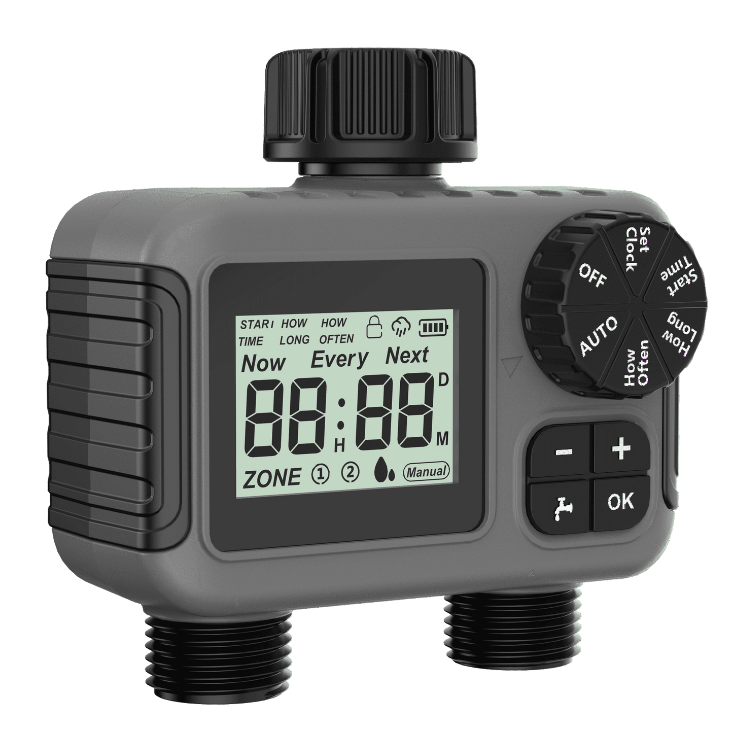 Cowin Sprinkler Timer 2 Outlet, Outdoor Garden Hose Faucet Timers with Rain Delay/Manual/Automatic Watering System, Digital Irrigation Timer for Yard, Gray
