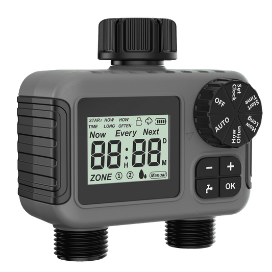 Cowin Sprinkler Timer 2 Outlet, Outdoor Garden Hose Faucet Timers with Rain Delay/Manual/Automatic Watering System, Digital Irrigation Timer for Yard, Gray