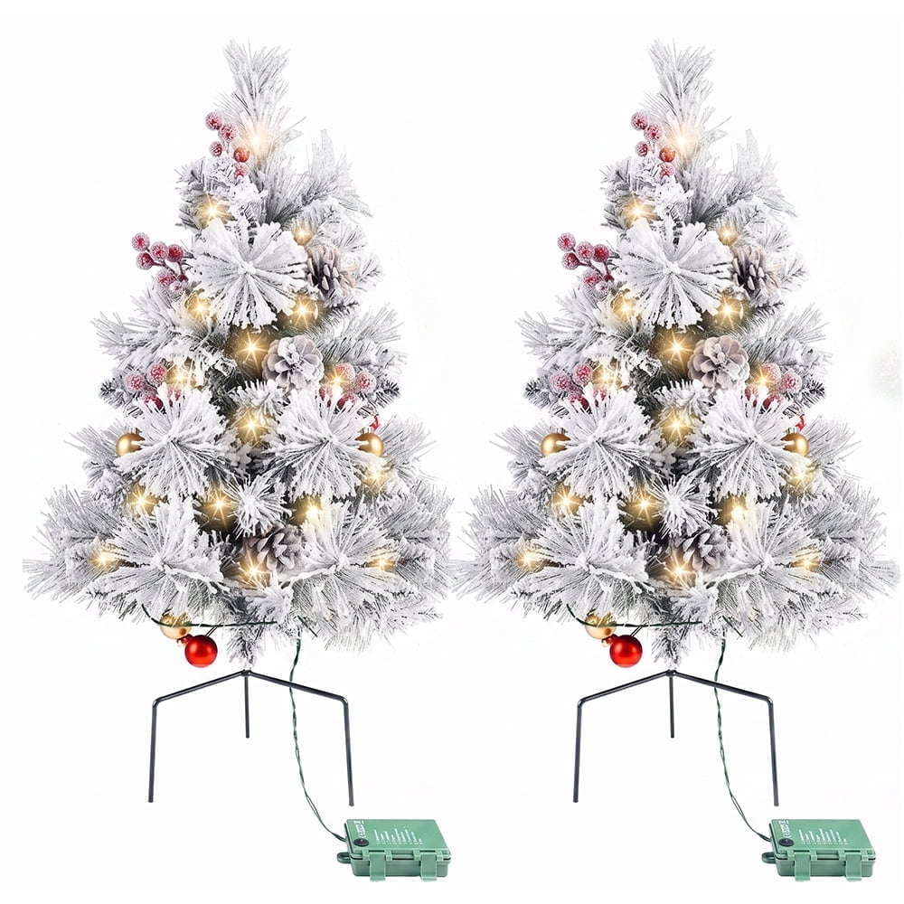 Cowin 25.1in Artificial Christmas Trees Set of 2 Pre-Lit Mini Christmas Trees with 30 LED Lights, Bright Ball, Pine, Berries for Indoor Outdoor Decor