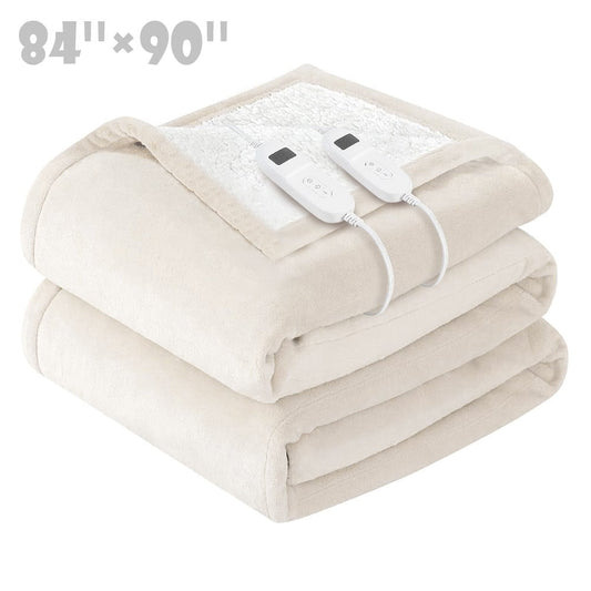 COWIN Electric Blanket Queen Size,Flannel and Soft Cotton Fleece Heated Blanket with 10 Heating Levels & 1-8 Hours Auto Shut Off, Machine Washable, Beige, 84" x 90"