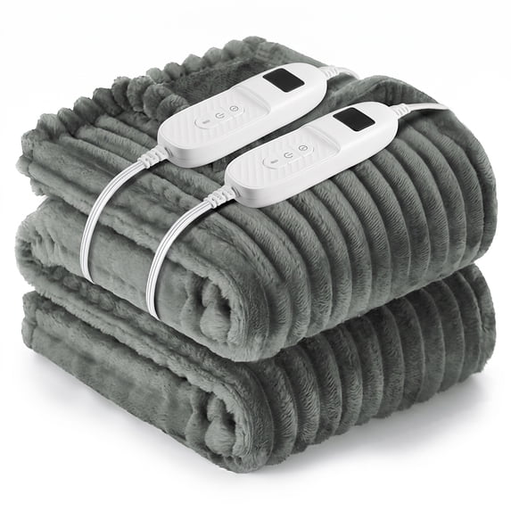 Cowin Heated Blanket Electric King Striped Flannel Blanket 90"x100" Electric Blanket with 10 Heat Settings 8 Hour Timer Auto Shut Off, Dark Grey