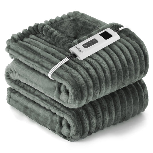 SwFoer Heated Blanket Electric Twin Striped Flannel Blanket 62"x84" Electric Blanket with 6 Heat Settings 10 Hour Timer Auto Shut Off, Dark Grey