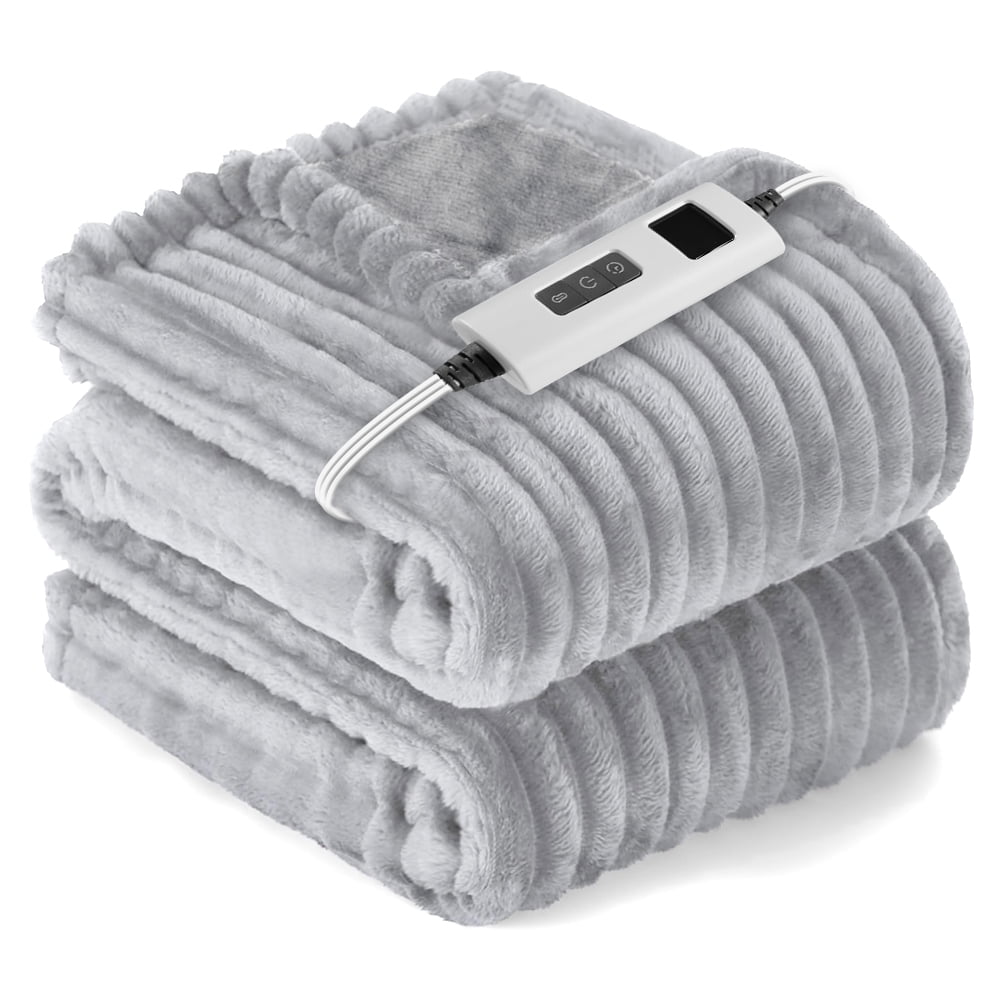 Heated Blanket Electric Twin Striped Flannel Blanket 62"x84" Electric Blanket with 6 Heat Settings 10 Hour Timer Auto Shut Off, Light gray