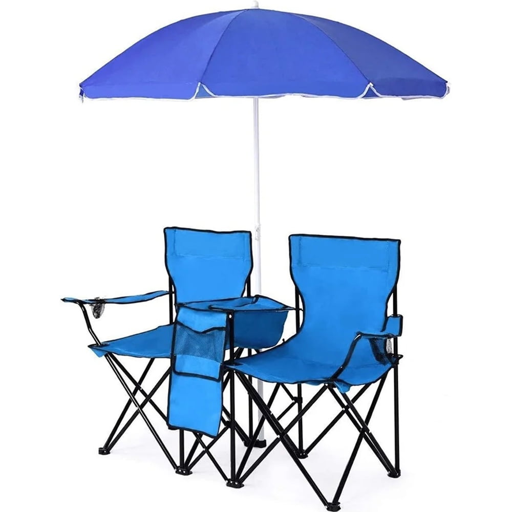 COWIN Outdoor Foldable Picnic Double Chair ,Camping Chairs with Umbrella Camping Double Portable Chairs Folding Beach Chair with Insulation Bag,Backpacking Blue
