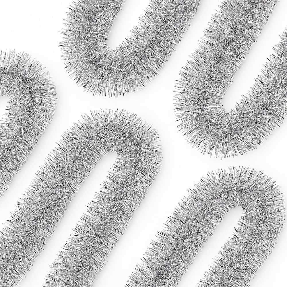 50FT Silver Christmas Tinsel Twist Garland - 2.5" Wide, Shiny Metallic Decor for Indoor & Outdoor Use, Ideal for Xmas Trees, Stairs, Fireplaces & Party Decorations