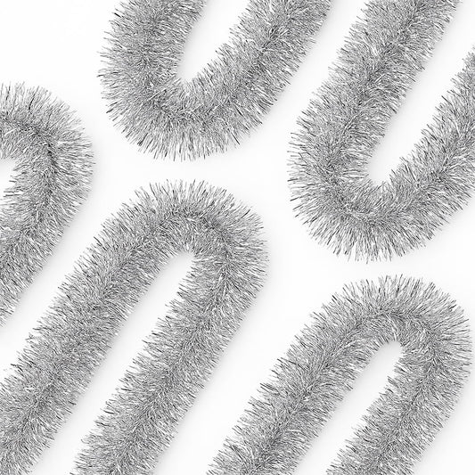 50FT Silver Christmas Tinsel Twist Garland - 2.5" Wide, Shiny Metallic Decor for Indoor & Outdoor Use, Ideal for Xmas Trees, Stairs, Fireplaces & Party Decorations