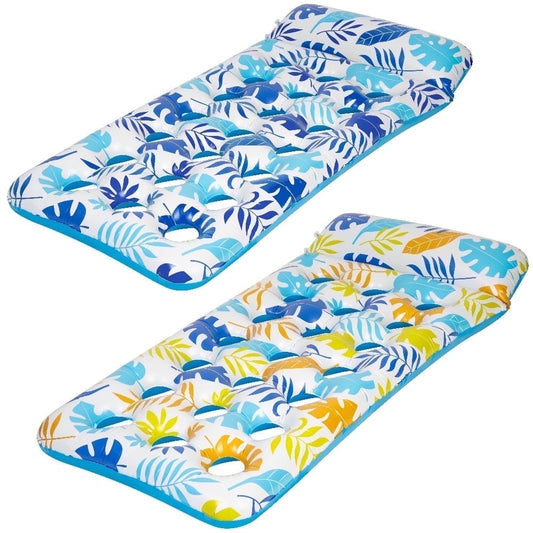 2-Piece Float Set Lounger Inflatable Pool Floats, Translucent Adult Inflatable Reclining Chair, Pedal and Cup Holder, White and Blue