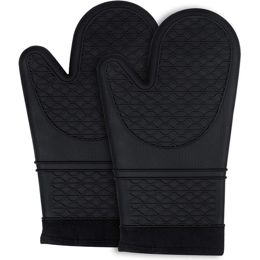 Silicone Oven Mitts Heat Resistant Oven Gloves to 446℉ Non-Slip with Quilted Liner Mitts for Cooking Baking and BBQ, Black