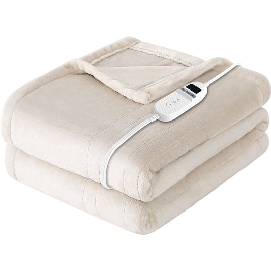 Electric Heated Blanket 80"×84" Flannel Blanket Full Size with 10 Heating Levels 8 Hours Auto Off Fast Heating, Beige