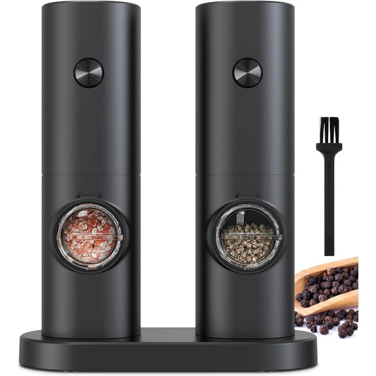 2 Pack Electric Salt and Pepper Grinder Set, Battery Powered - Automatic Salt Pepper Mill Grinder, Black