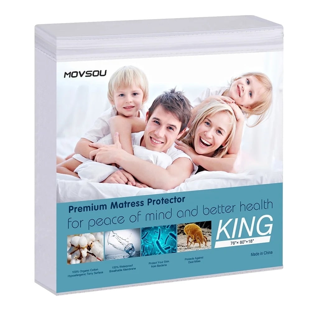 Waterproof Mattress Protector King Size - Ecological Cotton Hypoallergenic Breathable Mattress Pad Cover, 18” Deep Pocket , Vinyl Free - 76” x 80”