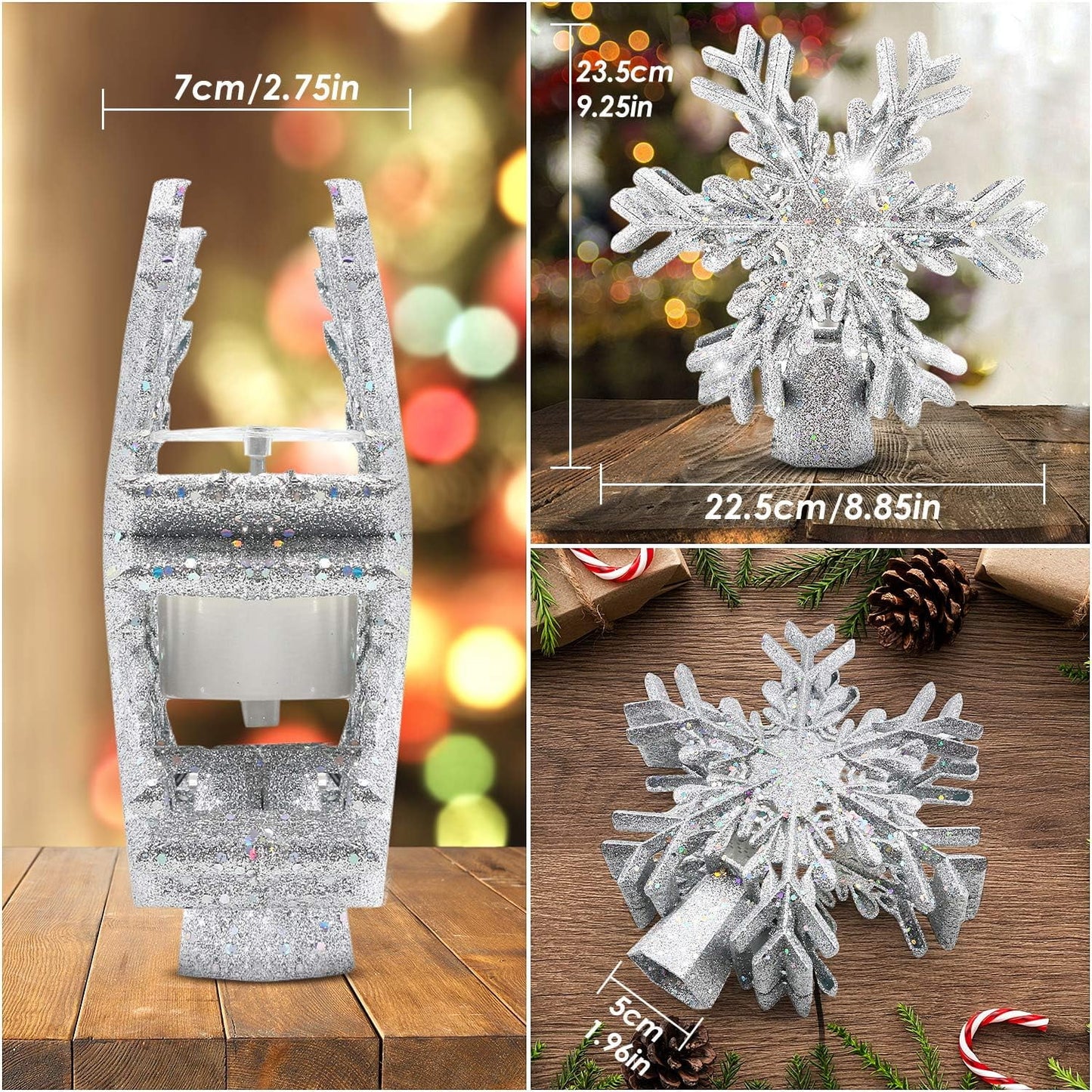 Christmas Tree Topper, 9.6” Snowflake Tree Toppers Lighted Indoor with Rotating 3D Silver Snowflake LED Projector Hollow Glitter Lighted for Tree Christmas Decorations Holiday Ornaments