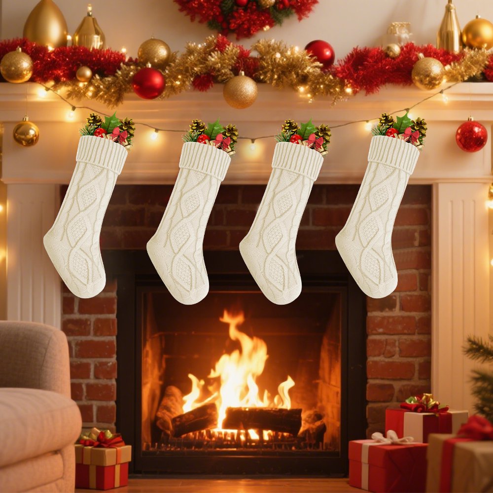 4PACK Christmas Stockings, Knitted Stocking for Holiday Christmas Party Family Decorations (White)