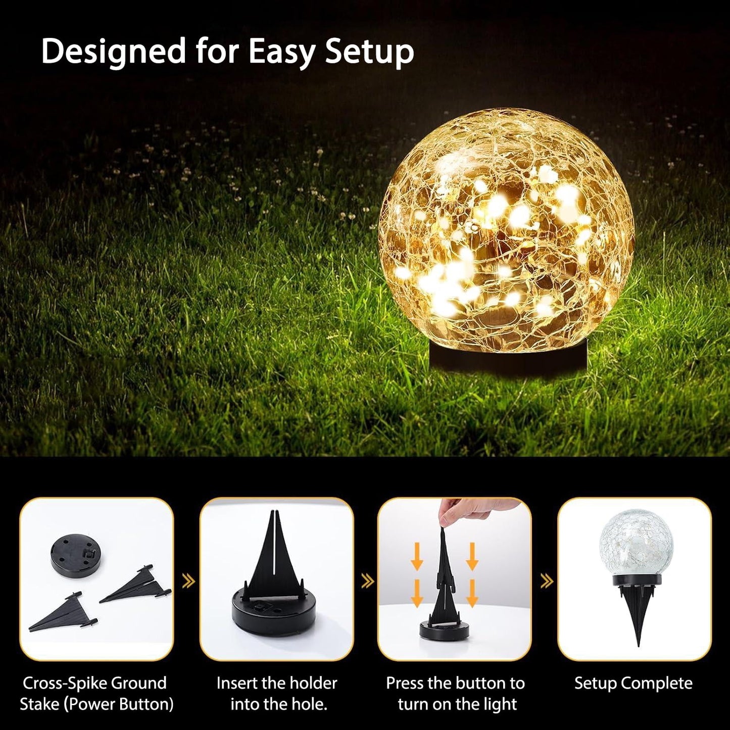 COWIN 4 Pack 3.9'' Solar Globe Lights Outdoor Waterproof,30 LED Cracked Glass Globe Solar Power Ground Lights,Solar Orbs Outside-Outdoor Decorations Patio & Yard Lawn Backyard Decor(Warm White)