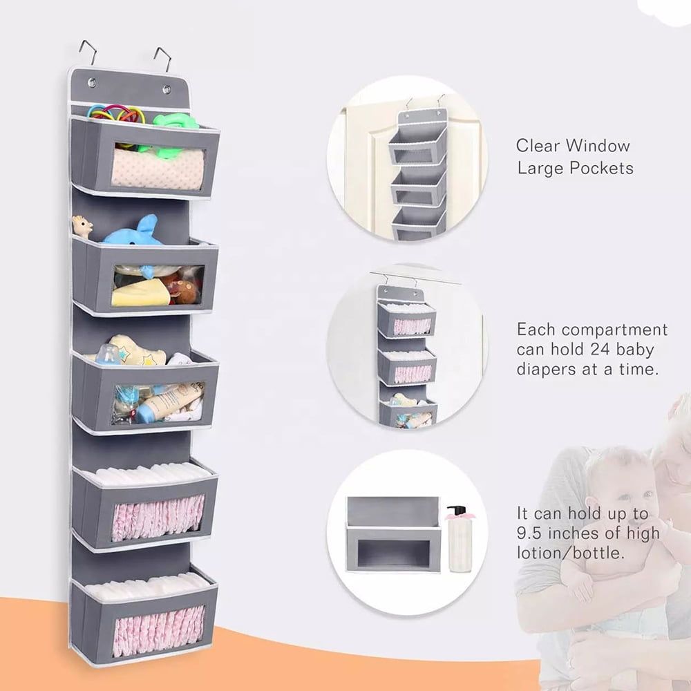 Cowin Over The Door Pocket Organizer Fabric Hanging Closet Clear Window Storage Bag with Mental Hooks Gray for Pantry Baby Nursery Bathroom Closet Dorm, Gray