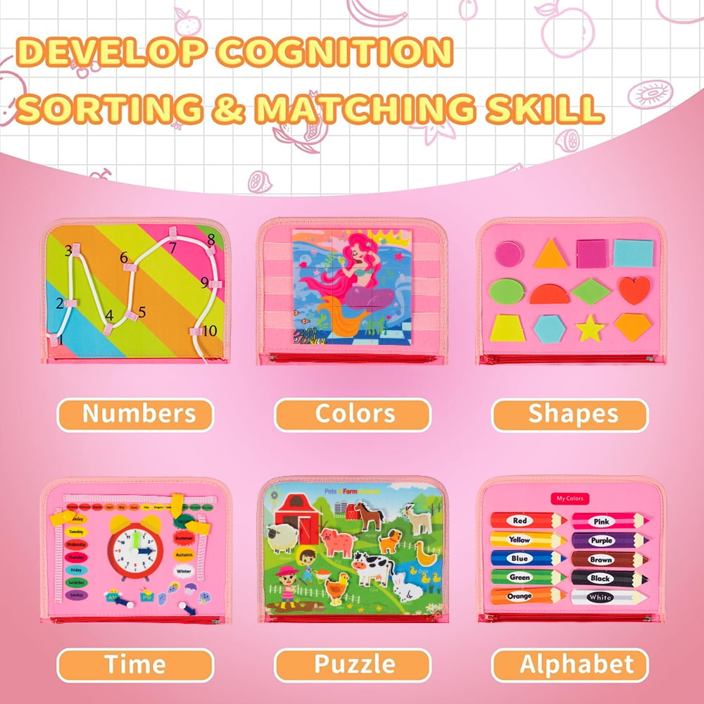 Cowin Busy Board Montessori Toys for Toddler Girls Birthday Gifts, Busy Book Learning Toy for toddlers 1-4, Educational Learning Toy for Airplane Car Travel, Pink