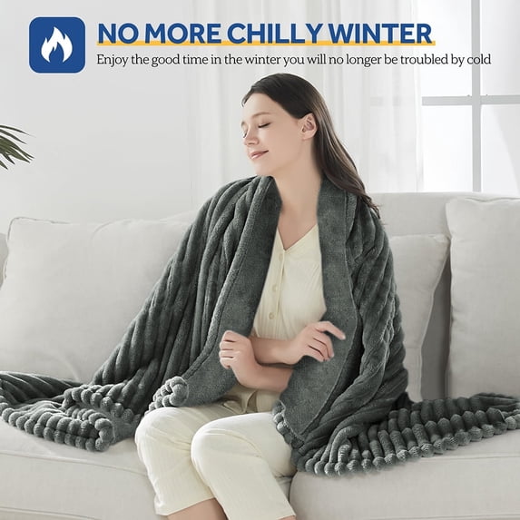 Cowin Heated Blanket Electric King Striped Flannel Blanket 90"x100" Electric Blanket with 10 Heat Settings 8 Hour Timer Auto Shut Off, Dark Grey